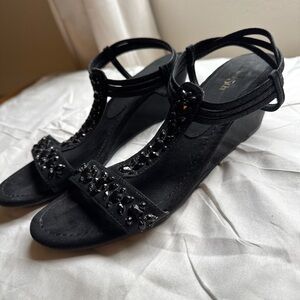 East 5th Black Strappy Embellished Rhinestone Wedge Sandals